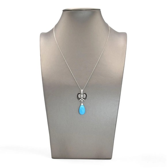 Colgante de oro blanco de 18 kt, diamantes blancos y negros con turquesa natural