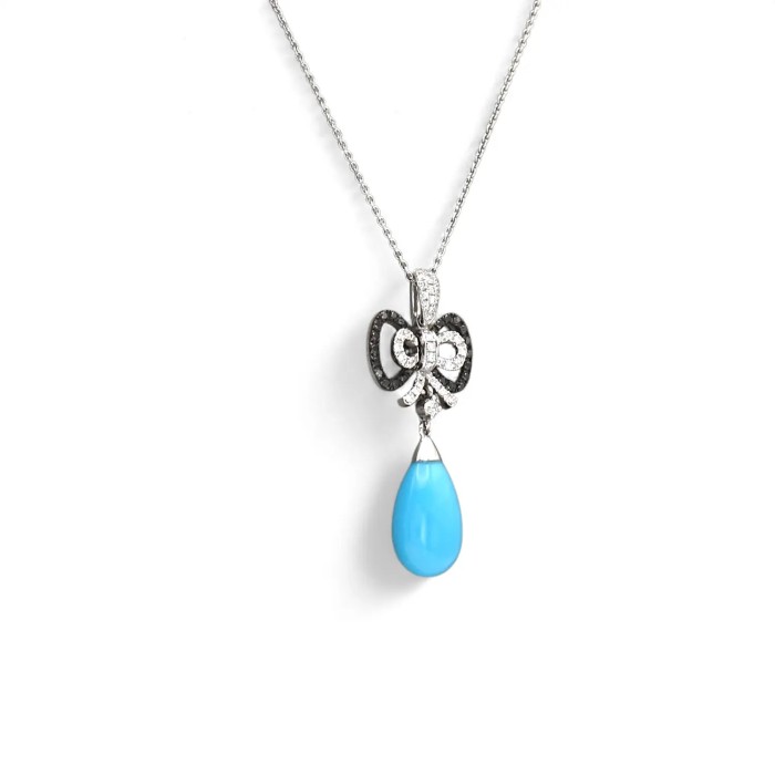 18kt White Gold Pendant, White and Black Diamonds with Natural Turquoise