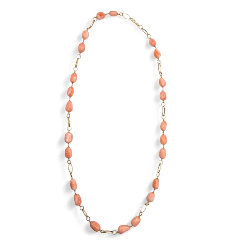 Collar largo de oro amarillo de 18 kt con coral naranja