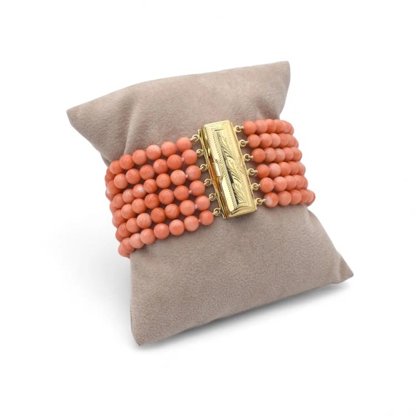 Pulsera de coral rosa natural y oro amarillo de 18 kt