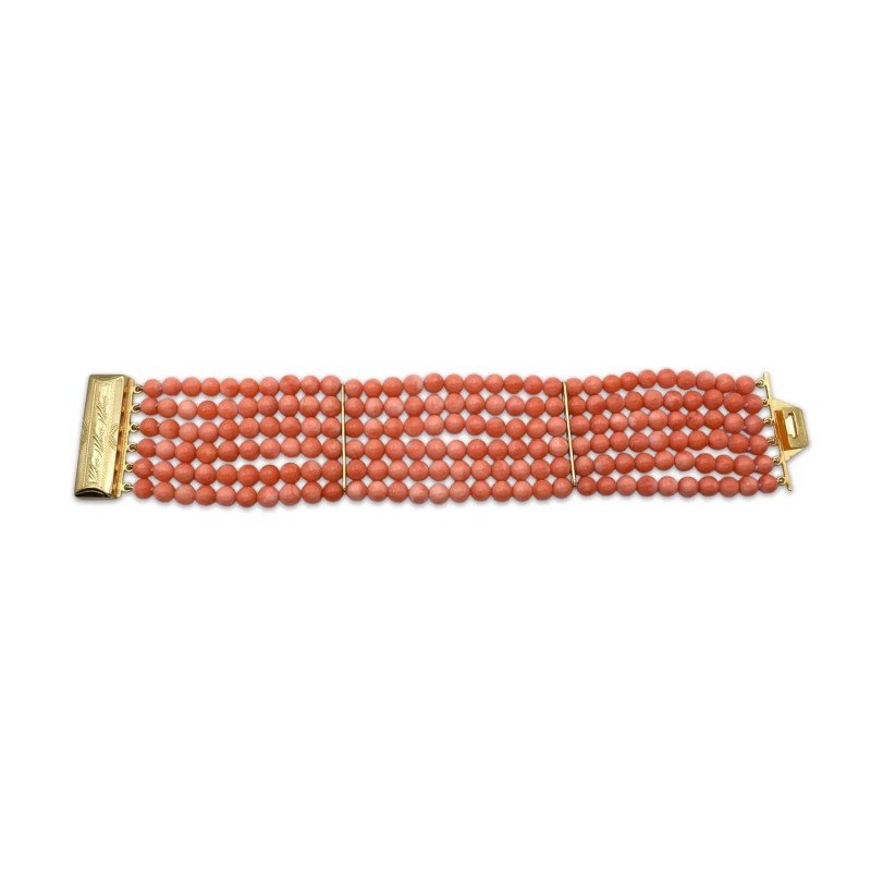 Pulsera de coral rosa natural y oro amarillo de 18 kt