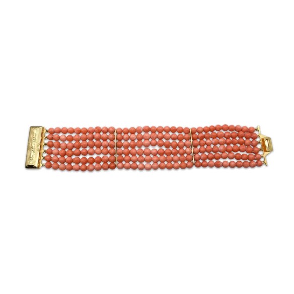 Pulsera de coral rosa natural y oro amarillo de 18 kt