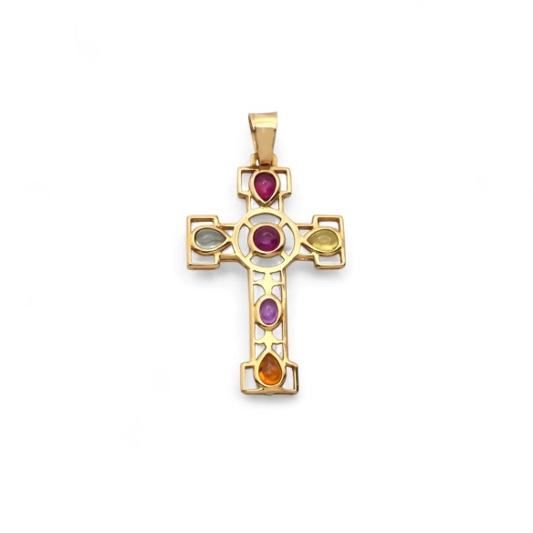 Colgante de cruz Stella Maris en oro amarillo de 18 kt con cabujón de duralita coloreada