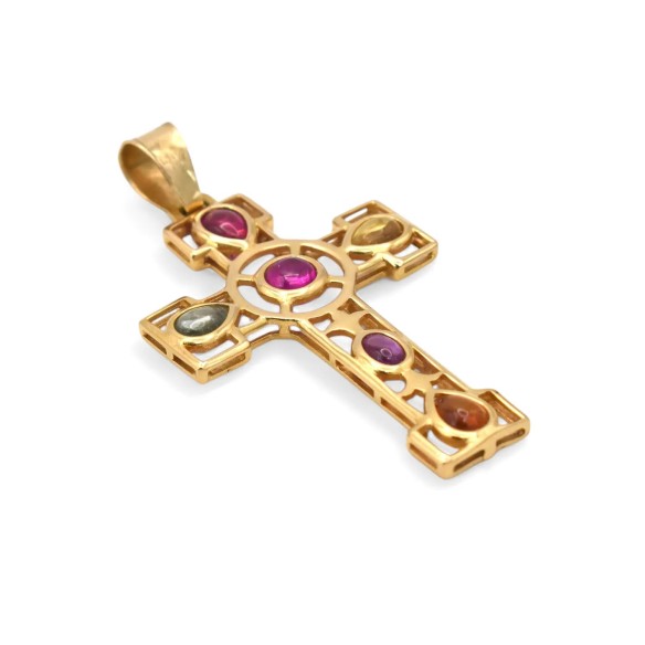 Colgante de cruz Stella Maris en oro amarillo de 18 kt con cabujón de duralita coloreada