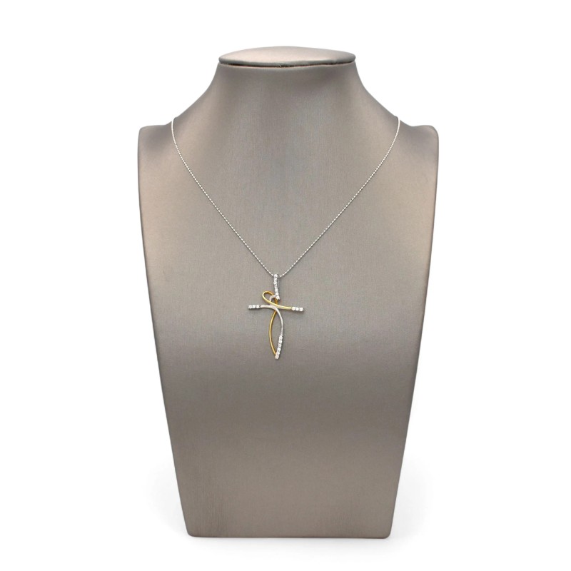 18K Two-Tone Intertwined Cross Pendant with Zirconia - 3.5 cm