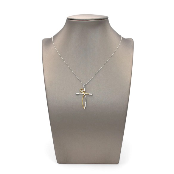 18K Two-Tone Intertwined Cross Pendant with Zirconia - 3.5 cm