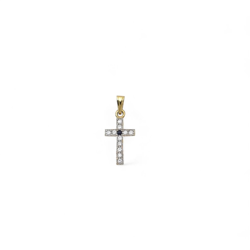 Ciondolo Croce Oro Bicolore Zirconi Bianchi e Blu 18kt - 3cm