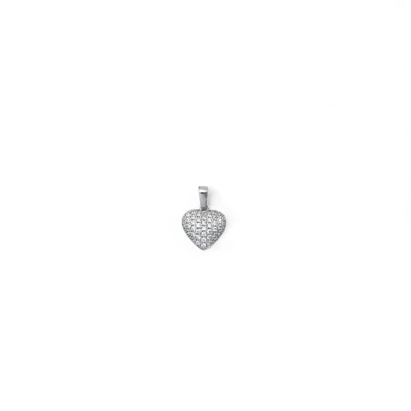 18kt White Gold Full Pavé Zircon Heart Pendant - 1.5 cm