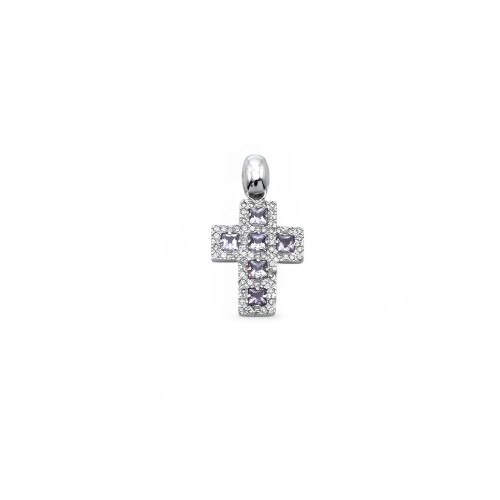 18kt White Gold Cross Pendant with Lilac and White Zircons | 3cm
