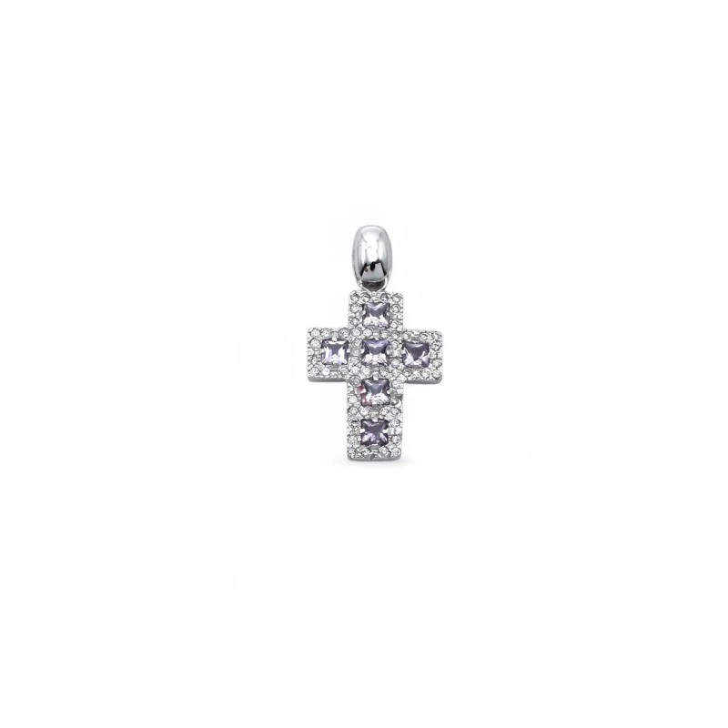 Ciondolo Croce Oro Bianco 18kt Zirconi Lilla e Bianchi | 3cm