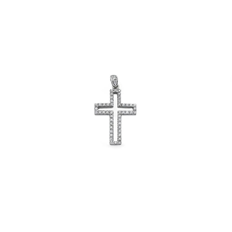Ciondolo Croce Bordo Zirconi Oro Bianco 18kt | 3cm